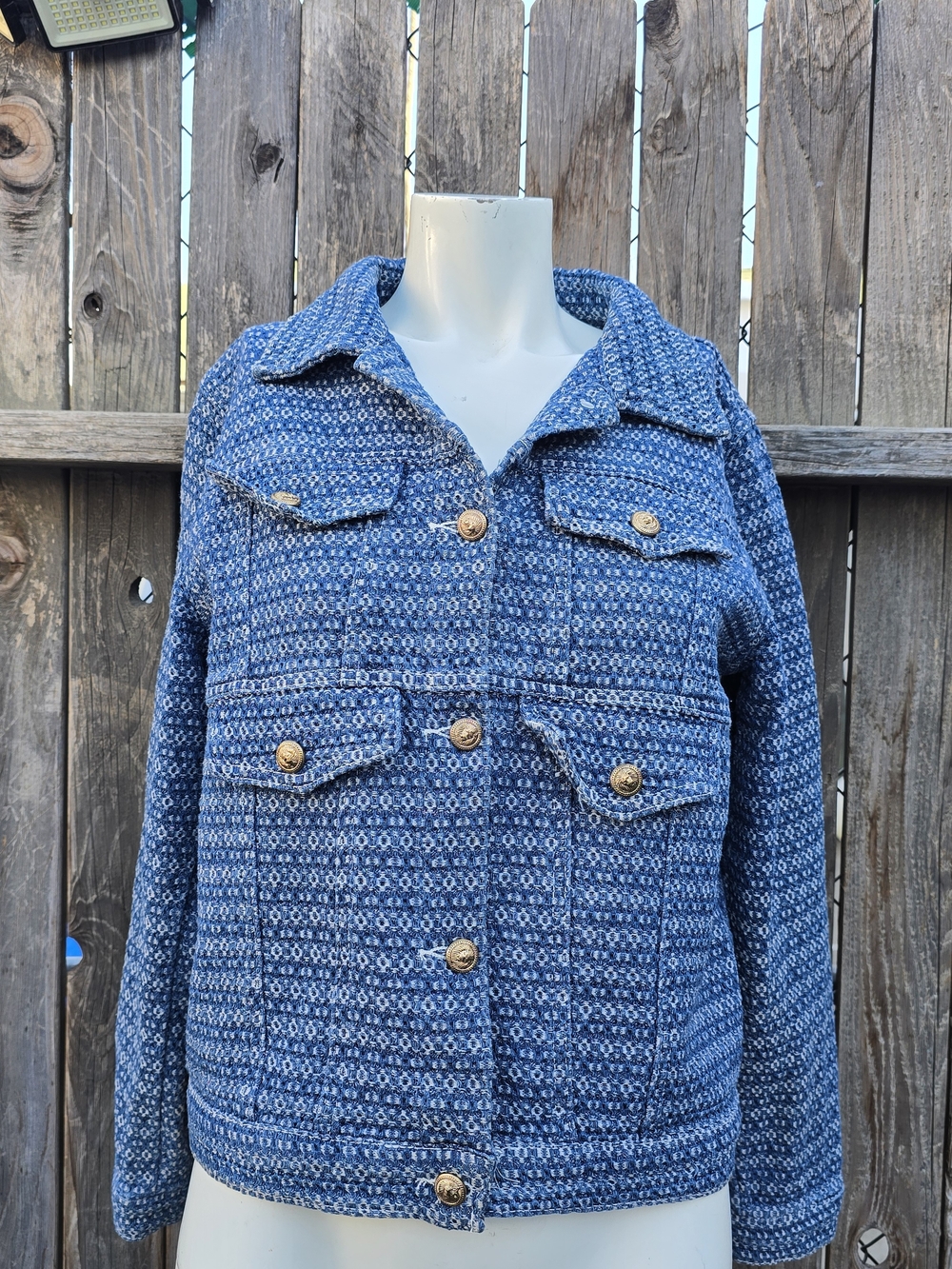 Blue Tweed Button Front Women's  Cotton Jacket Size XS